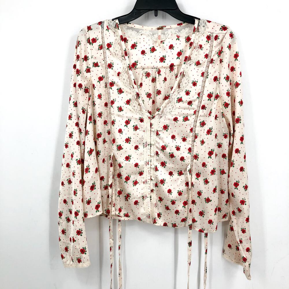 FREE PEOPLE Women's Field of Roses Top Medium Cream Red Long Sleeve NWOT - Picture 5 of 13